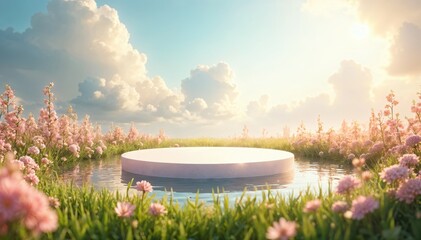 Enchanted Garden Showcase: Circular Podium Amidst Lush Blooms and Reflective Waters, This lush garden setting, framed by green grass and a mix of violets and hydrangeas.