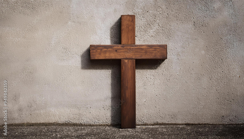 Wall mural Big wooden Christian cross near gray concrete wall.