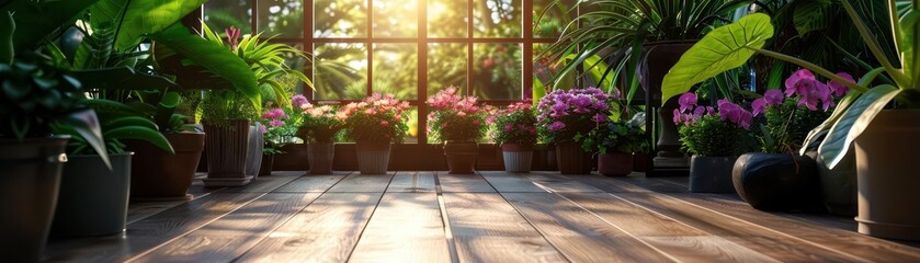 Fototapeta premium Greenhouse filled with flowering plants, lush and vibrant, Botanical, Bright greens, Photograph, Plant sanctuary