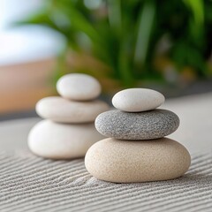 Smooth pebble arrangement, macro shot, zen garden concept captured in stunning detail.