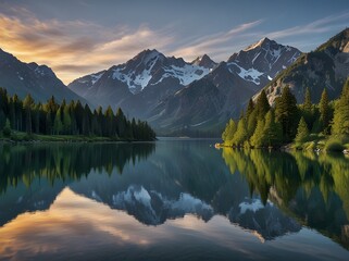 Fototapeta premium Mountain Lake Reflection at Sunset