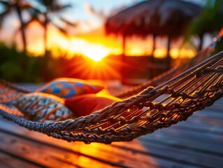 Obraz premium Hammock swing in a tropical setting, relaxing and serene, Cozy, Warm tones, Photograph, Outdoor relaxation