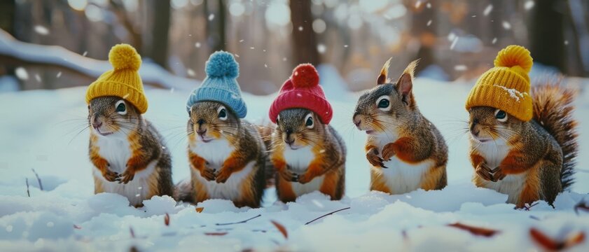 Five adorable squirrels in colorful knit hats sitting in snow, looking curiously, creating a whimsical winter scene.