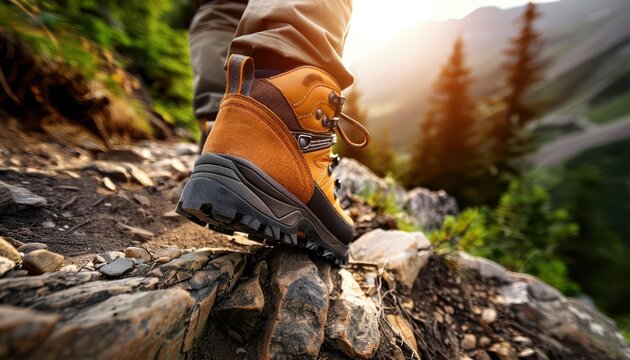 Hiking boots on a rugged trail, adventurous and durable, Adventure, Earth tones, Photograph, Outdoor gear