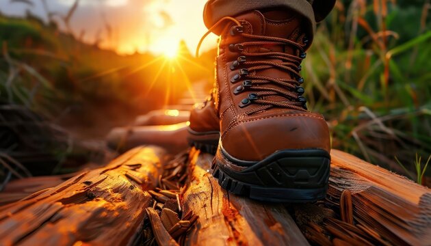 Hiking boots on a rugged trail, adventurous and durable, Adventure, Earth tones, Photograph, Outdoor gear