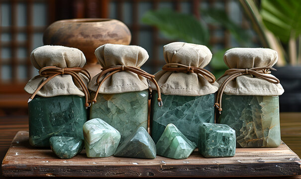 A wooden tray holds four bottles surrounded by decorative stones, creating an elegant and natural display.