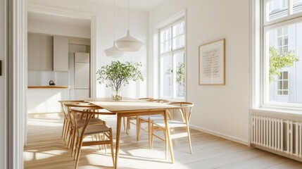 Fototapeta premium A bright and airy Nordic dining area with a simple wooden table, light-colored chairs, and a minimalistic pendant light, emphasizing functionality and elegance