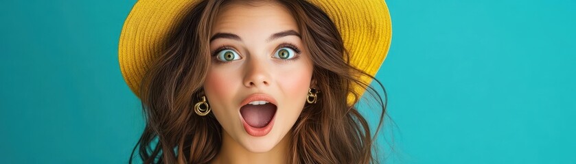 Surprised woman with glasses and headband on yellow background.