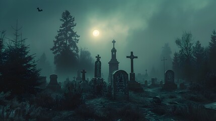 Spooky Graveyard Shrouded in Fog and Eerie Moonlight