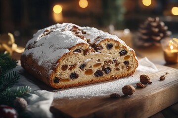 Stollen, A German Christmas bread filled with marzipan, dried fruits, and nuts, dusted with powdered sugar. 