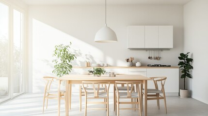 A bright and airy Nordic dining area with a simple wooden table, light-colored chairs, and a minimalistic pendant light, emphasizing functionality and elegance