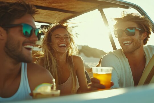 In the back of a truck, a diverse group of young people are enjoying a road trip