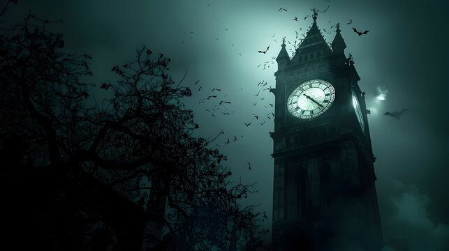 Haunting Gothic Clock Tower at Midnight with Bats and Creeping Shadows in the Darkness