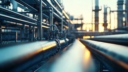 Pipeline and pipe rack of petroleum, chemical, hydrogen or ammonia industrial plant. Industrial zone Close up.
