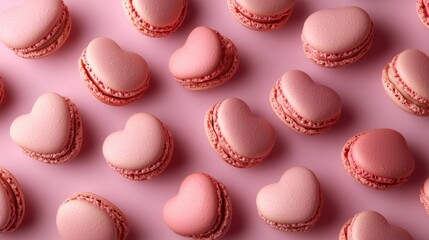 Fototapeta premium French sweet Strawberry Pink heart macaroons isolated on pink background. Pastry shop card with copy spacefrench macaroons,Paris Pastry,bakery and branding valentine couple concept,copy space.