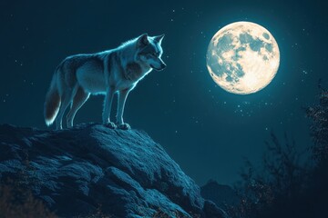Lone Wolf Standing on a Cliff Under a Full Moon