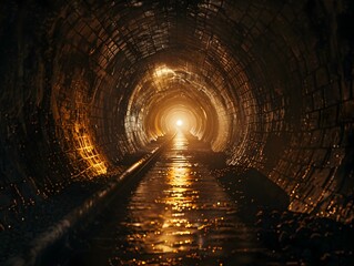 Mysterious Glowing Light at the End of a Dark Underground Tunnel Evoking a Sense of Intrigue and...