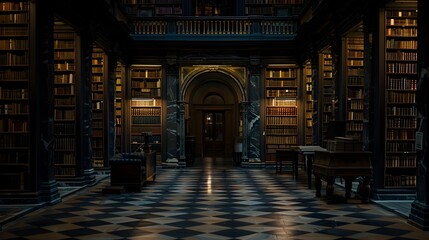 Dimly Lit Gothic Library Shelves at Night with Looming Shadows and Copy Space