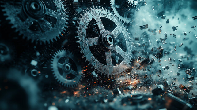 A conceptual image of a massive economic machine grinding to a halt, with cogs and gears breaking apart, symbolizing a severe recession