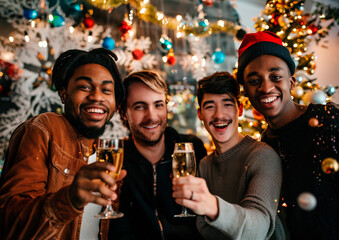 Fototapeta premium AI generated photo with a festive gathering of multi ethnic young male friends. On a background with Christmas and New Year's lights