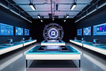 Quantum Computing Lab Featuring Visual Displays and Space Backdrop for Advanced Quantum Technology Exploration
