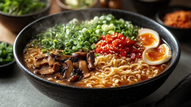 A bowl of steaming ramen with all the toppings, isolated on a white background