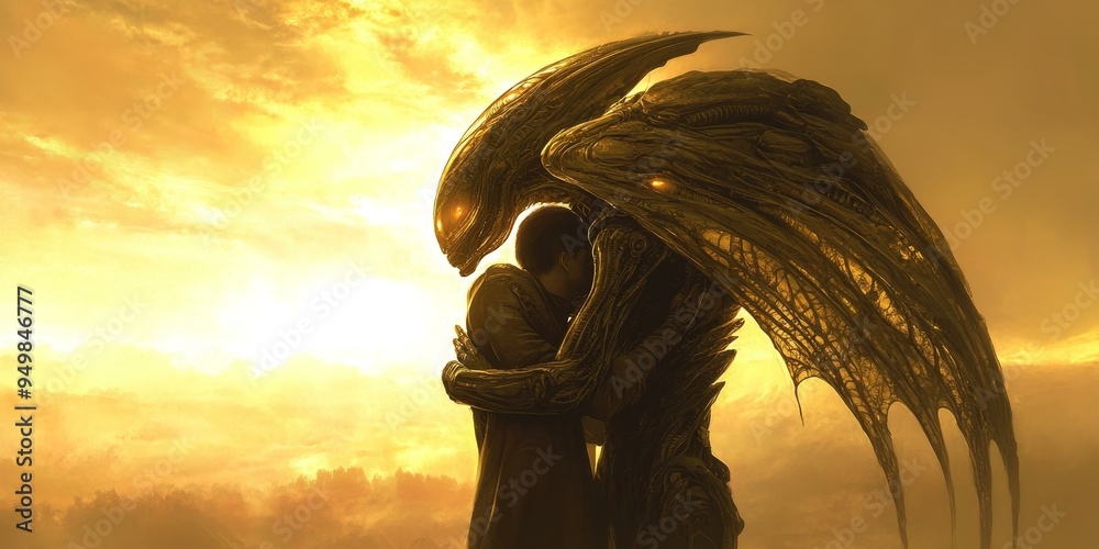 Wall mural alien creature embraces human under golden sky.