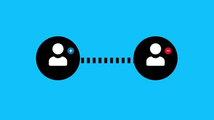 Profile icons linked by plus and minus symbols on dashed line, representing connection or relationship dynamics. Suitable for web design.