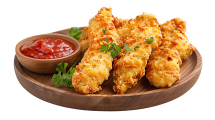 Crispy Chicken Tenders with Red Dipping Sauce on Wooden Plate