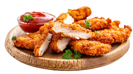 Crispy Chicken Tenders with Ketchup on Wooden Plate