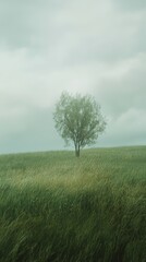 Obraz premium Solitary Tree in a Vast Green Field Under Cloudy Skies Captures Serenity and Calm