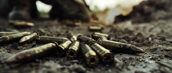 Spent bullet casings lying amidst dirt, signifying the remnants of a battle or training exercise in a rugged environment.