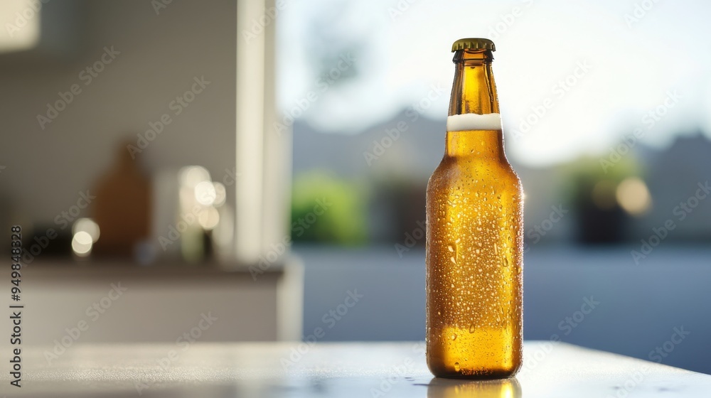 Poster a chilled beer bottle with condensation on its surface, placed on a white table, capturing its refre