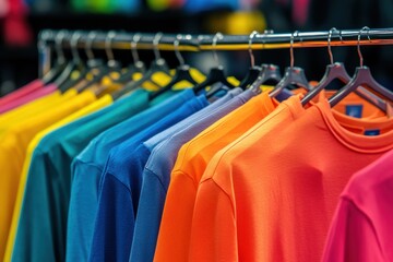 Fototapeta premium Colorful tshirts on hangers apparel background print on demand concept cloth store