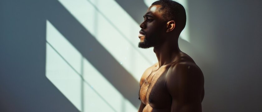 A contemplative man stands shirtless in a sun-dappled room, his silhouette reflecting strength and introspection in natural light.