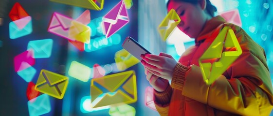 A lively scene featuring an individual interacting with a smartphone, surrounded by floating colorful envelopes symbolizing digital communication and connection.