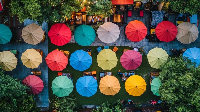 Indonesian Ayodya Bali, Kuta Selatan, shows colourful umbrellas from the air.