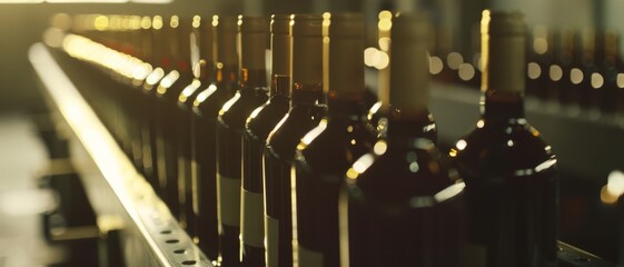 Rows of wine bottles line up in a beautifully illuminated winery, capturing the essence of the refined winemaking process.