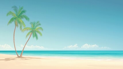 Obraz premium A serene beach scene featuring palm trees against a clear blue sky and calm ocean, perfect for relaxation and tropical vibes.