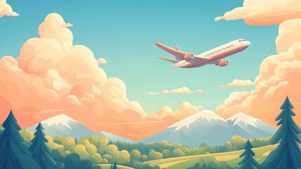 Fototapeta premium A serene landscape featuring a flying airplane above mountains and colorful clouds, capturing the essence of travel and adventure.