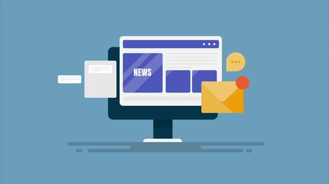 Online news journal, blog article and video news broadcasting on internet, sending news message via electronic mail, digital communication concept, animated video.
