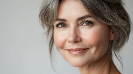 Fototapeta premium A close-up of a 50-year-old woman face with a genuine smile, showcasing her confidence and grace, set against a clean, simple background.