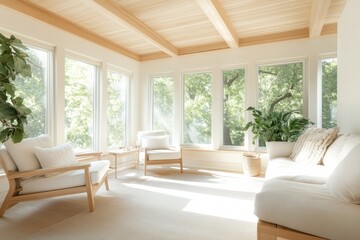 Fototapeta premium Serene Scandinavian Sunroom Oasis with Light Wood Furniture and Natural Plants, Minimalistic Interior Design Concept for Relaxation and Rejuvenation