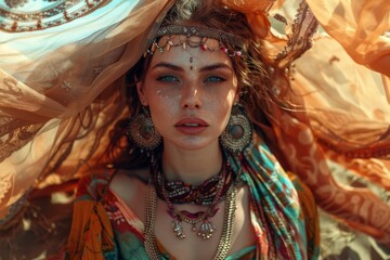 A beautiful woman adorned with a vibrant, colorful headdress, showcasing her elegance and cultural richness, A bohemian lady model adorned in layered jewelry and flowing fabrics, Ai generated
