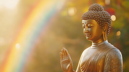 Serene Golden Buddha Statue with Rainbow and Soft Light - Peaceful and Uplifting Spiritual Symbol...