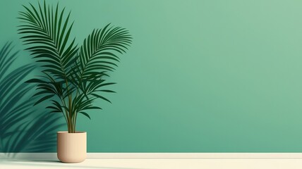 Fototapeta premium A stylish indoor plant in a minimalist pot against a soothing green wall, perfect for enhancing any living space aesthetic.