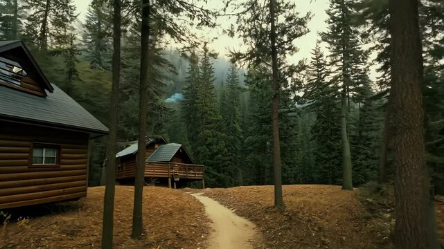 Exploring wooden cabins nestled among tall trees in a serene forest setting