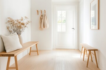 Fototapeta premium Minimalistic Scandinavian Mudroom with Wooden Storage Benches in Neutral Tones