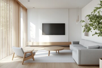 Modern Scandinavian Media Room with Light Wood Accents and Cozy Lighting