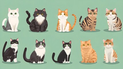 Fototapeta premium Variety of Cartoon Cats in Mint Green Backdrop